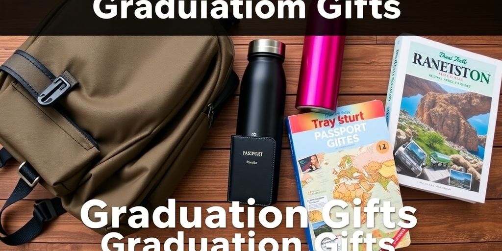 Travel essentials for graduates: backpack, passport holder, water bottle.