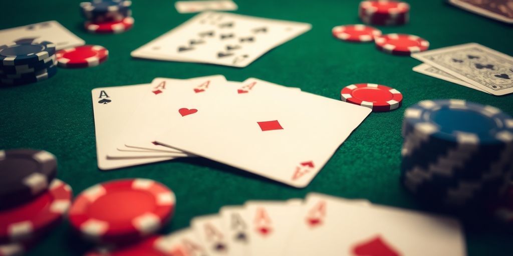 Blackjack cards and chips on a table.