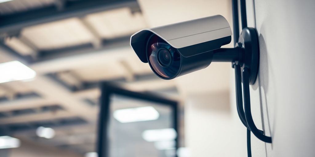 Modern CCTV camera monitoring a secure area.