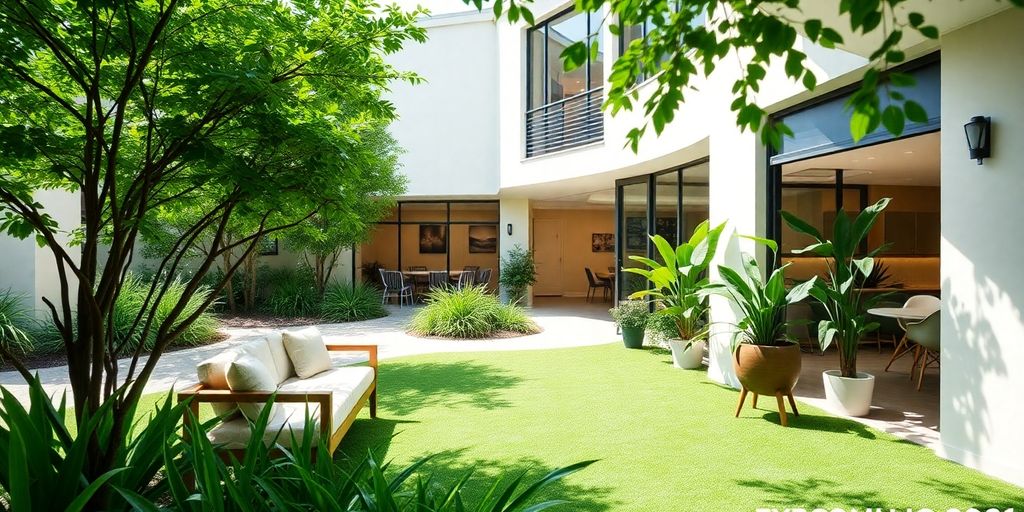 Modern rehab facility with greenery and inviting atmosphere.