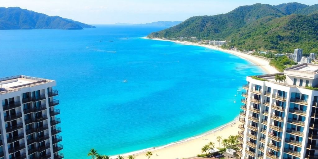 Patong beach with modern condos and lush hills.