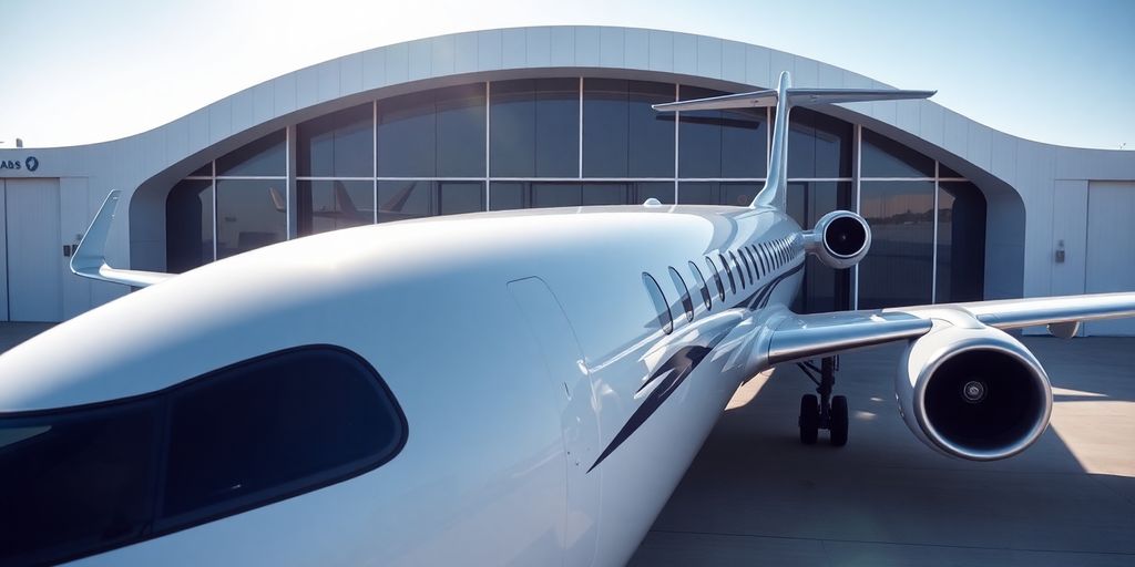 JSX airplane at a modern gate.