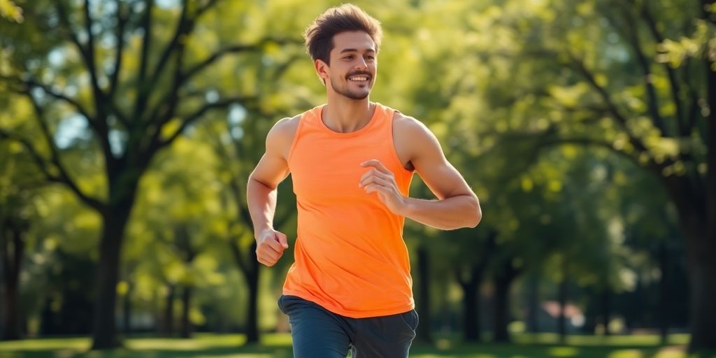 Energetic person jogging outdoors in sunlight.