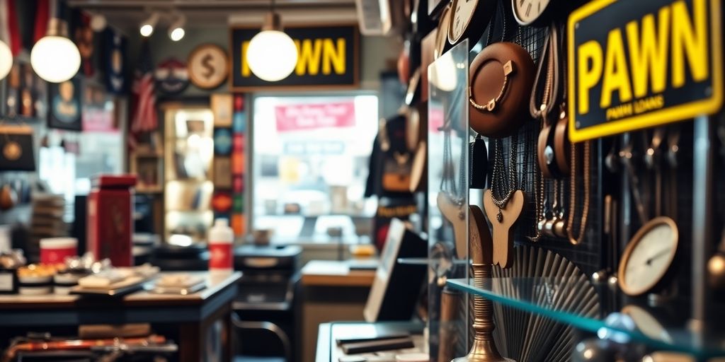Boutique de prêt sur gage avec objets en vitrine.