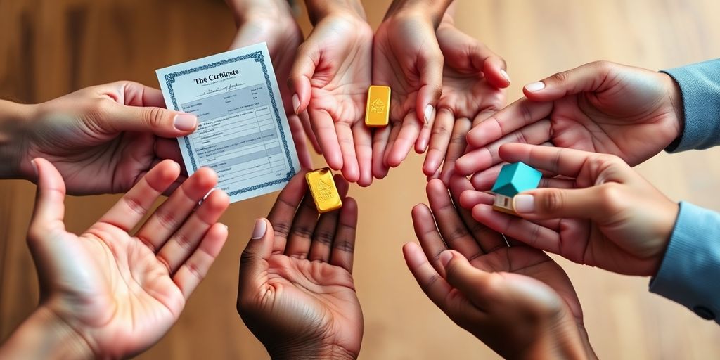 Diverse hands holding various financial instruments.