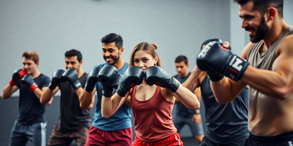 Fit individuals punching and kicking with energy.