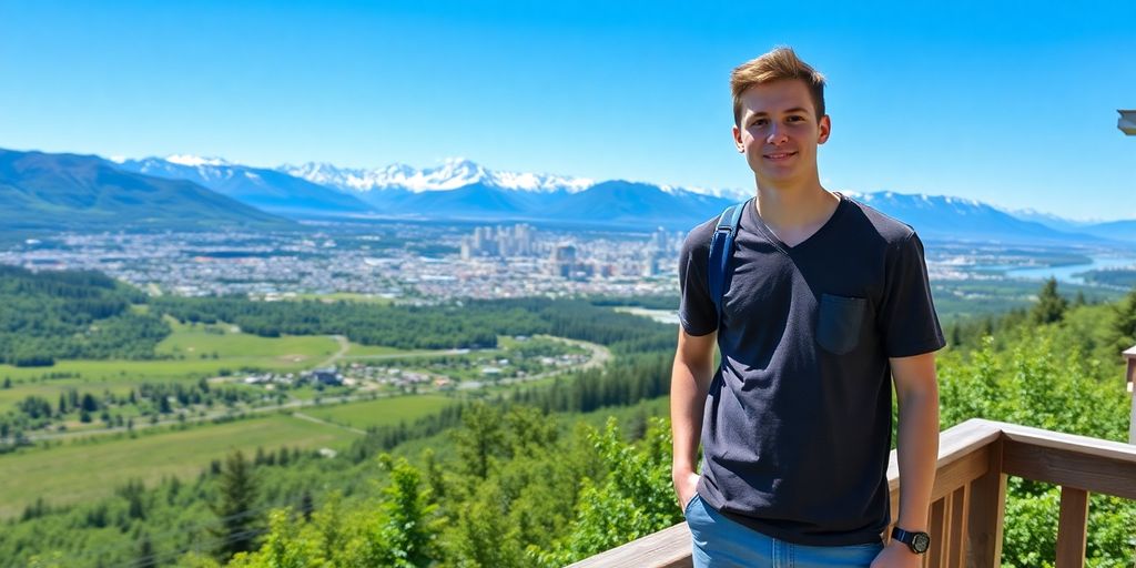 Young worker in Anchorage, Alaska with mountains on a summer day.