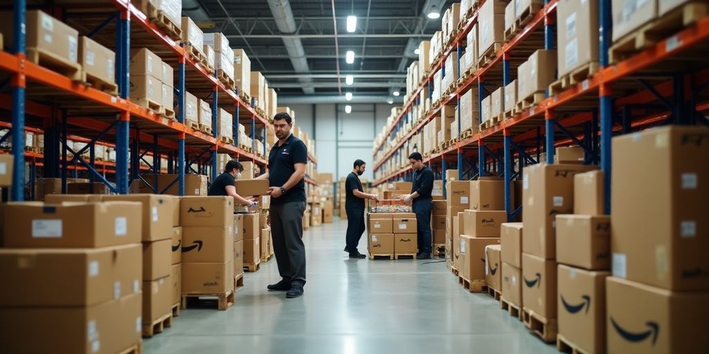 Amazon Lager mit Paketen und Mitarbeitern bei der Arbeit.