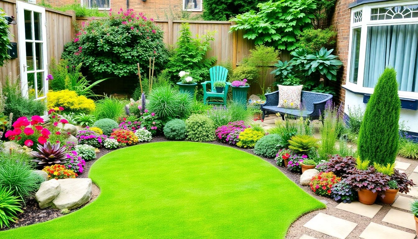 Colourful garden with plants and seating area.