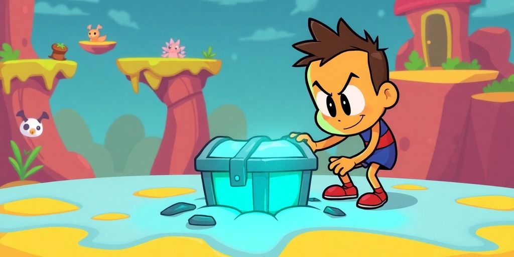 Illustrative Newgrounds game character discovering glowing treasure chest.