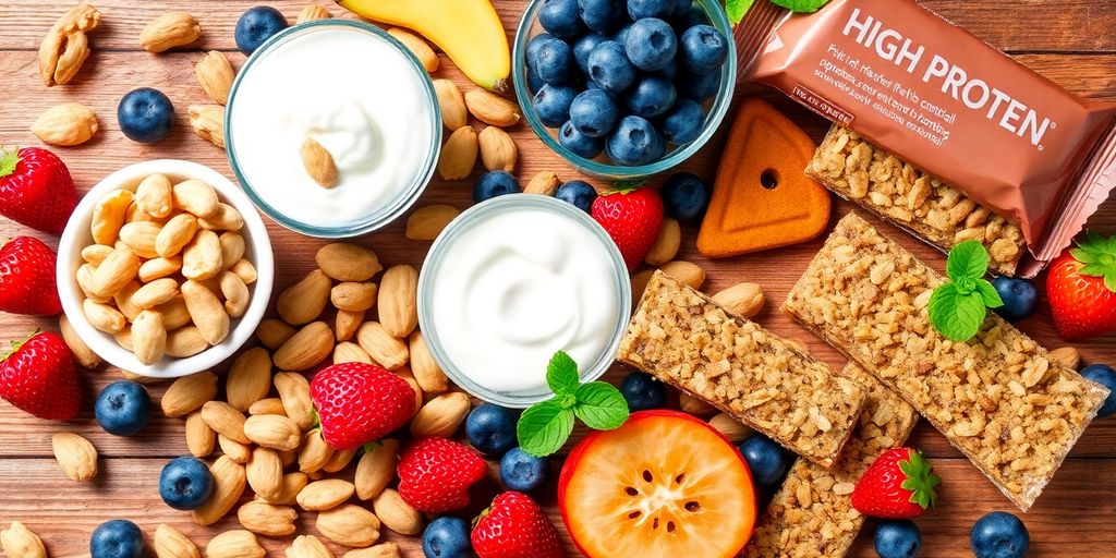 Assorted high-protein snacks to manage blood sugar levels.
