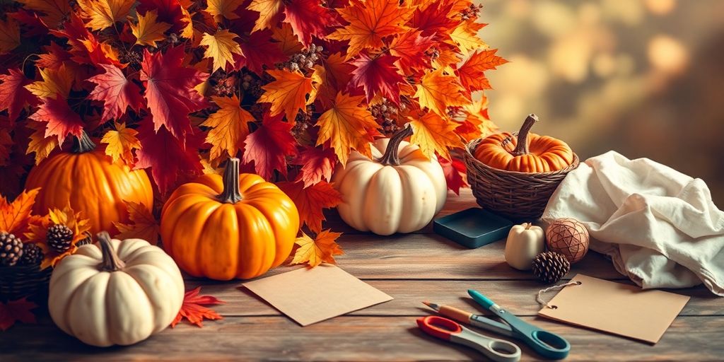 Festive autumn crafts with pumpkins and leaves.