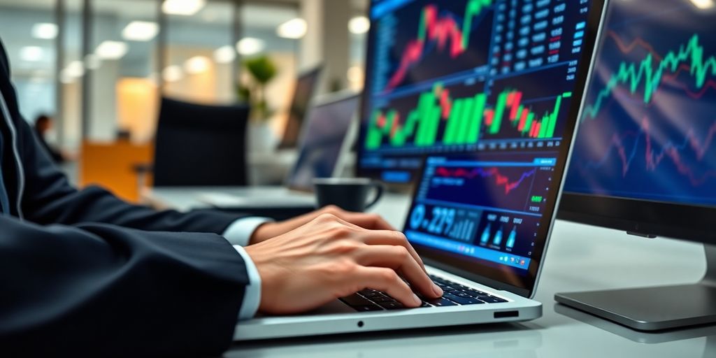 Trader analyzing index funds in a modern office.