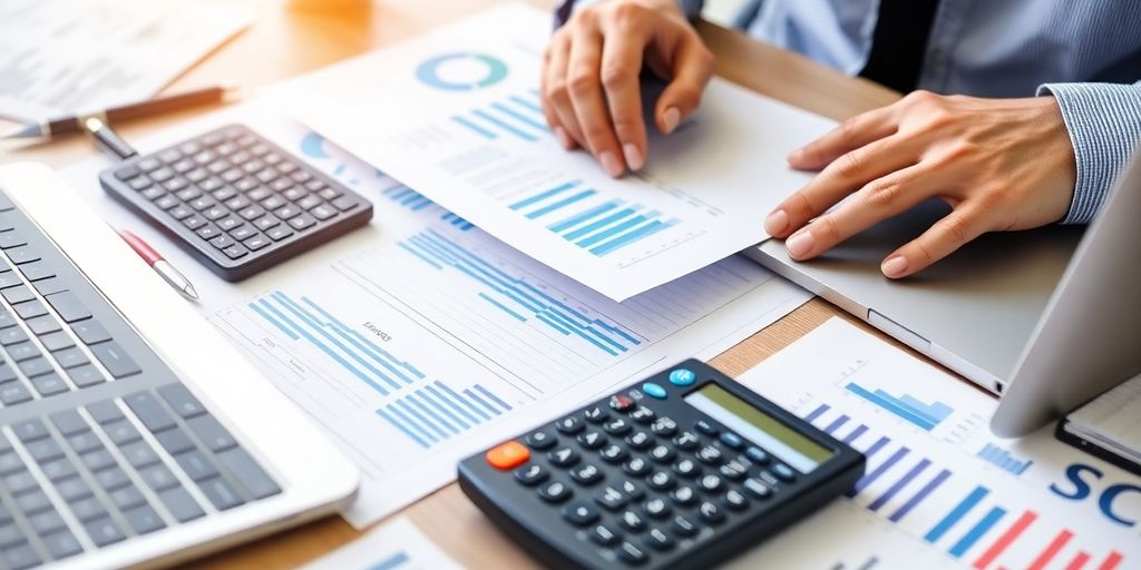 Person analyzing financial documents and using a calculator.