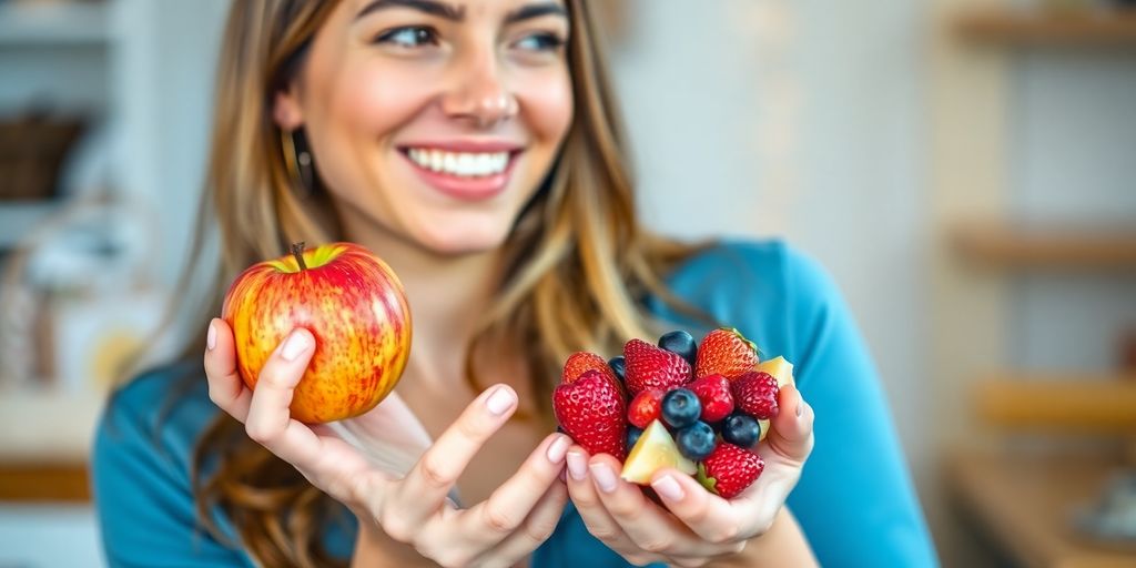 Woman happily choosing fruit over candy.