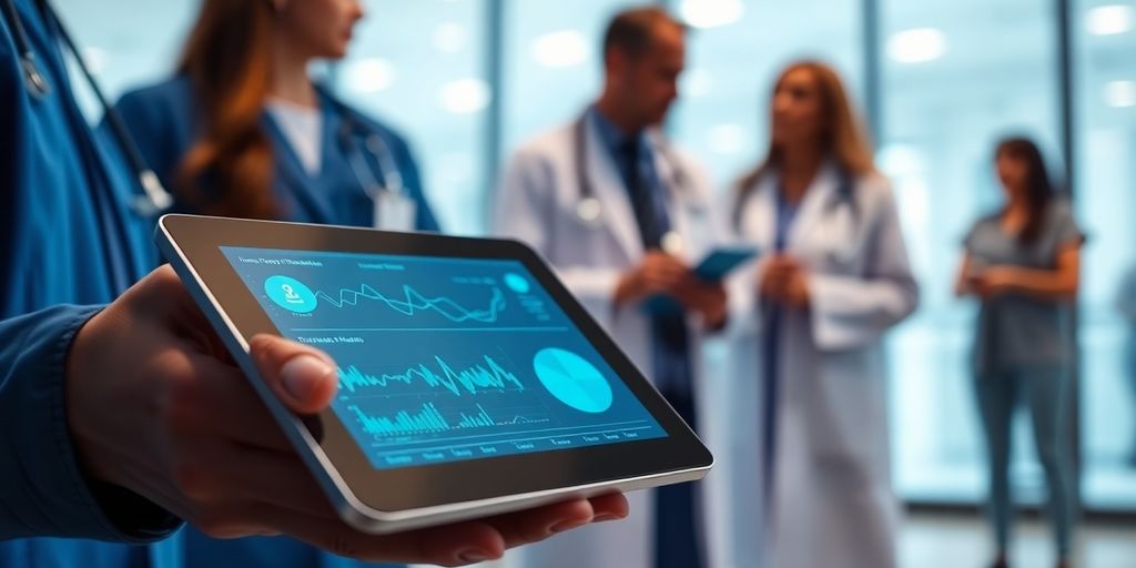 Digital tablet with medical data in a healthcare setting.