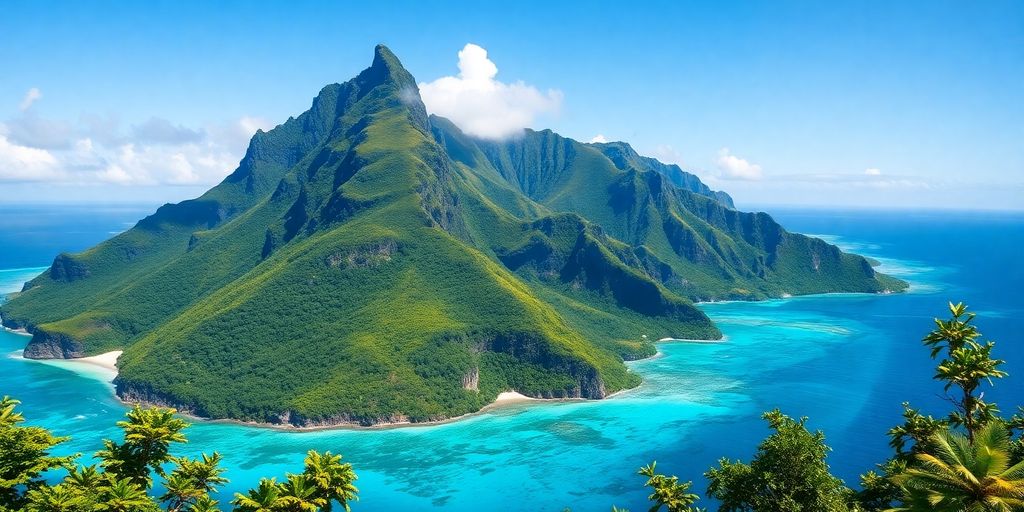 Lush green mountains meet turquoise waters on Raivavae.