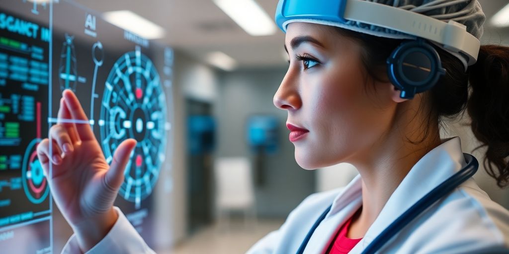 Healthcare professional using AI diagnostic technology in a clinic.