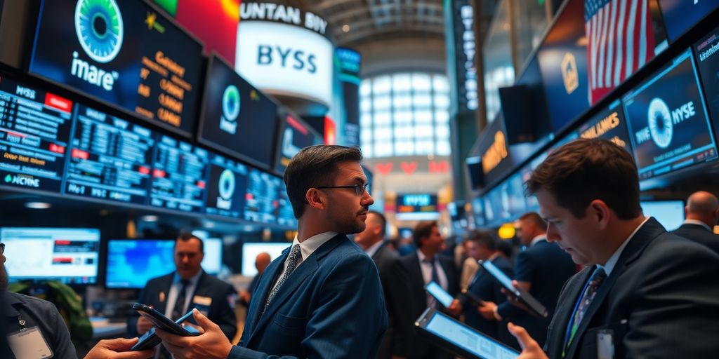 Traders in a busy financial district engaged in discussions.