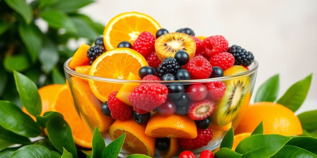 Vibrant fruits and green leaves in a sunlit bowl.