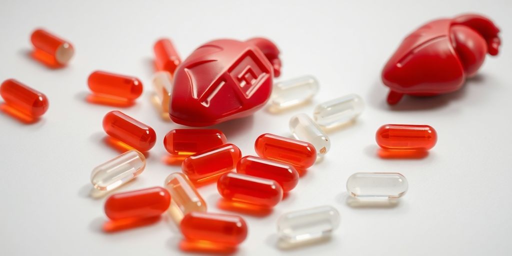 Coenzyme Q10 capsules next to a heart.