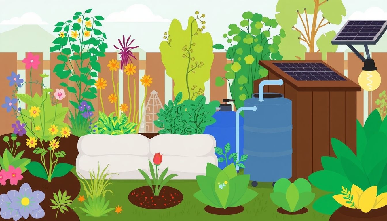 Illustrative garden with compost bin and solar lights.