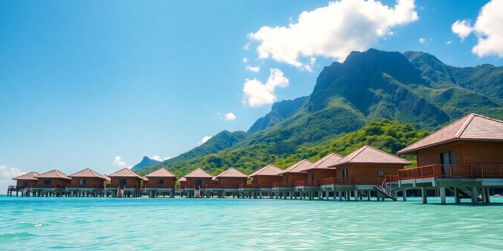 Overwater bungalows, clear turquoise water, lush green islands