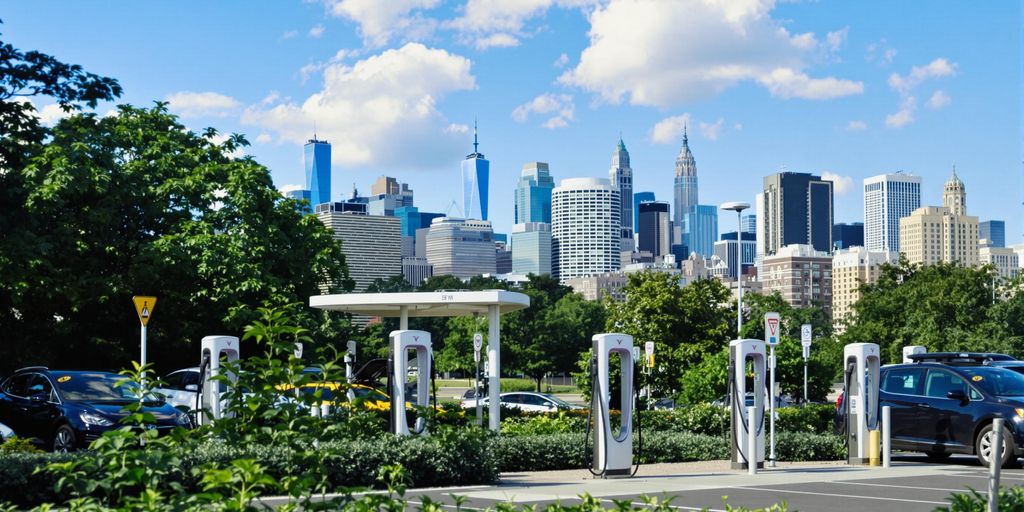 Electric vehicle charging station with New York skyline.