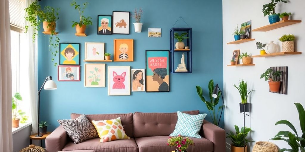 Colorful IKEA wall decorations in a cozy living room.