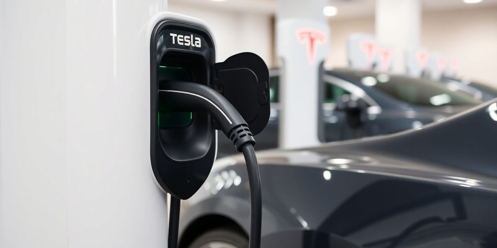 Tesla car charging at a Supercharger station.