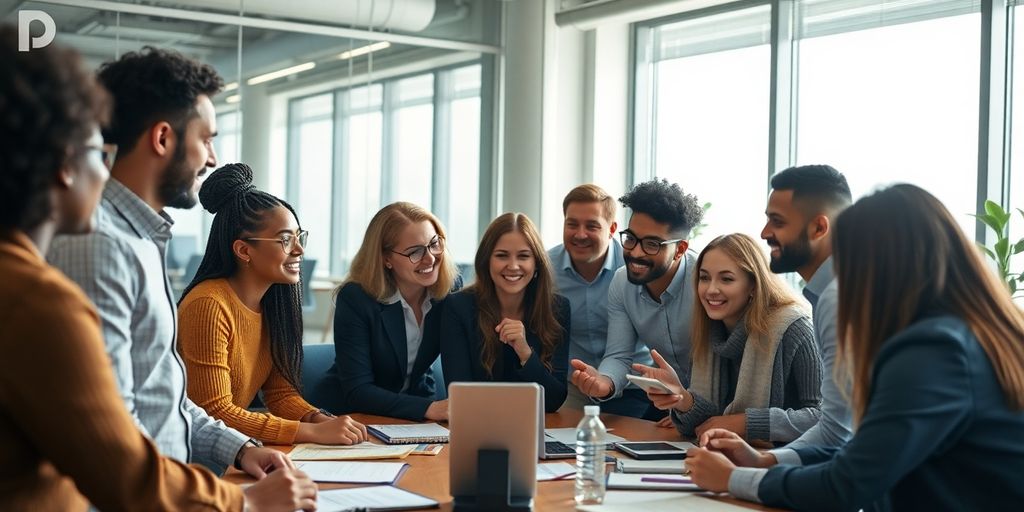 Diverse leaders collaborating in a modern office environment.