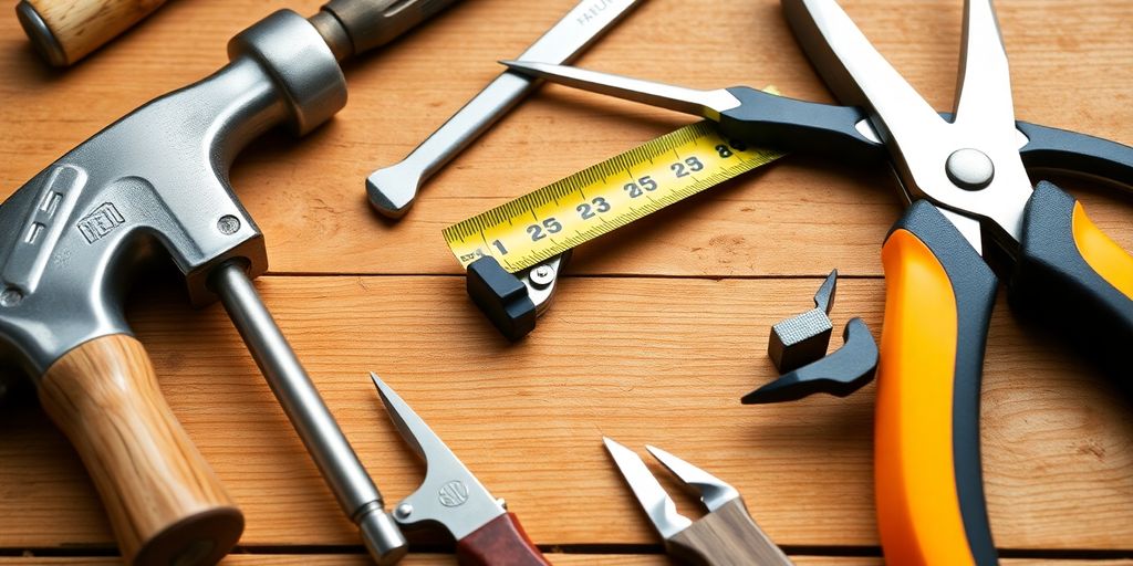 Essential tools for property repair on a workbench.