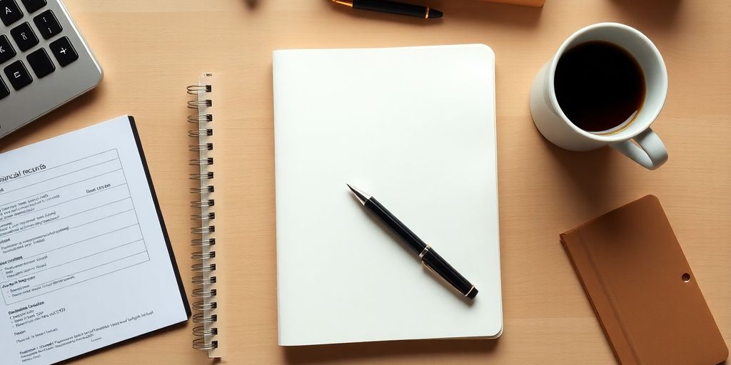 Neatly arranged workspace with notebook and coffee.