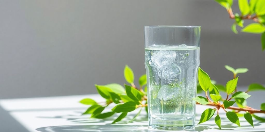 Clear glass of water next to a green plant.