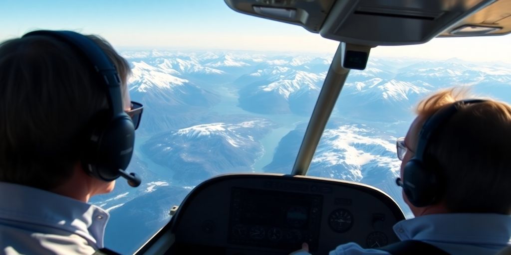 A small airplane flies over vast Alaskan glaciers and mountains.