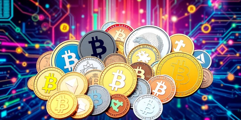 Collage of various cryptocurrency coins and tokens.