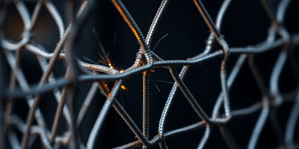 Close-up of a mesh weld showing intricate metal textures.