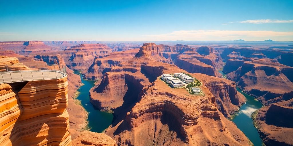Aerial view of the Grand Canyon Skywalk and nearby hotels.