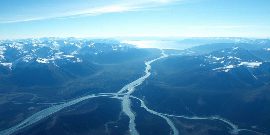 A helicopter flies over majestic, snow-covered Alaskan mountains and glaciers.