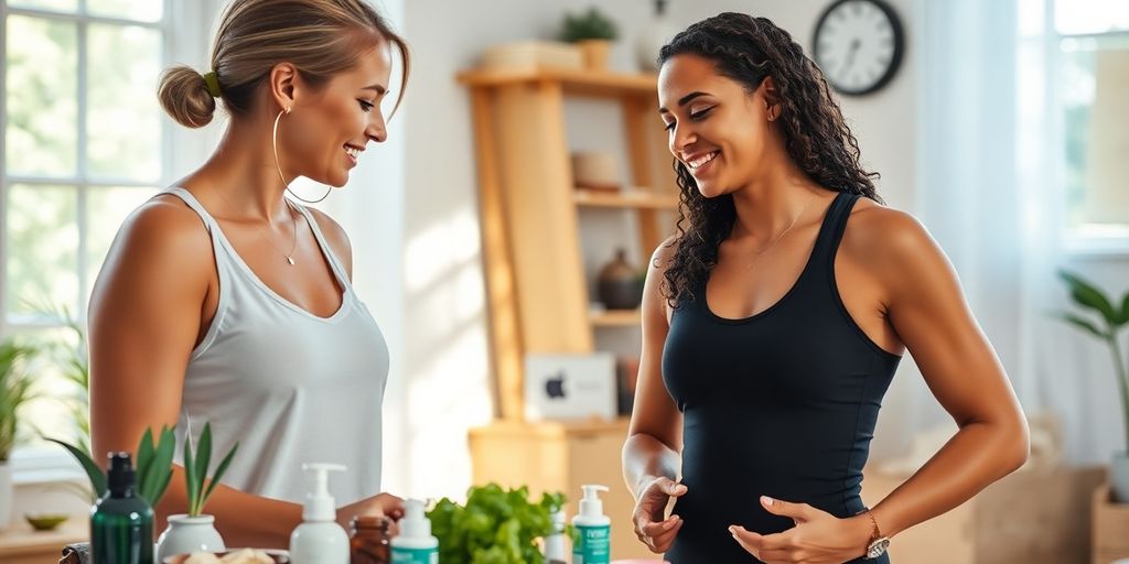 Mentor assisting client with weight loss and skincare routine.