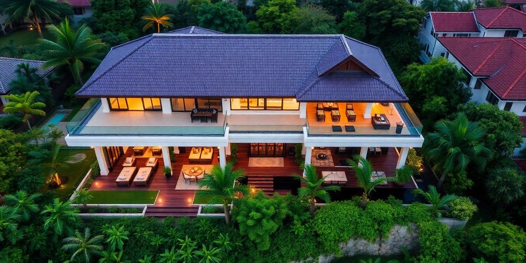 Luxurious Thai property with modern architecture and greenery.