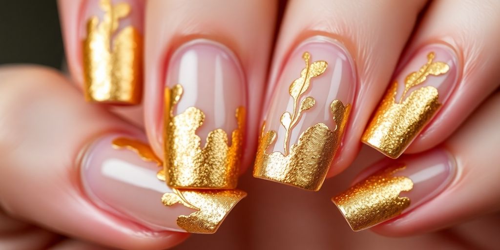 Unhas decoradas com folhas de ouro em close.