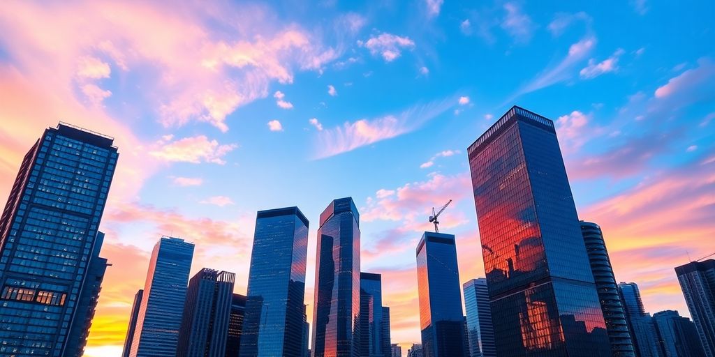 Modern city skyline with illuminated skyscrapers.