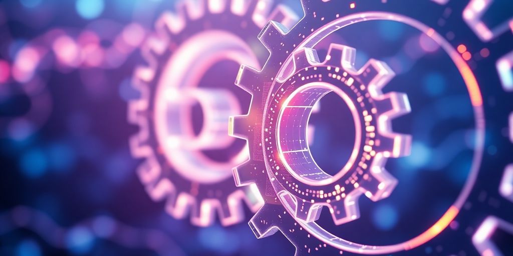 Digital gears connecting, glowing blockchain