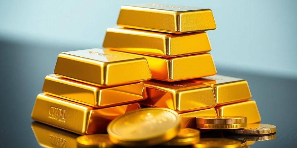 Lingots d'or empilés, pièces d'or brillantes