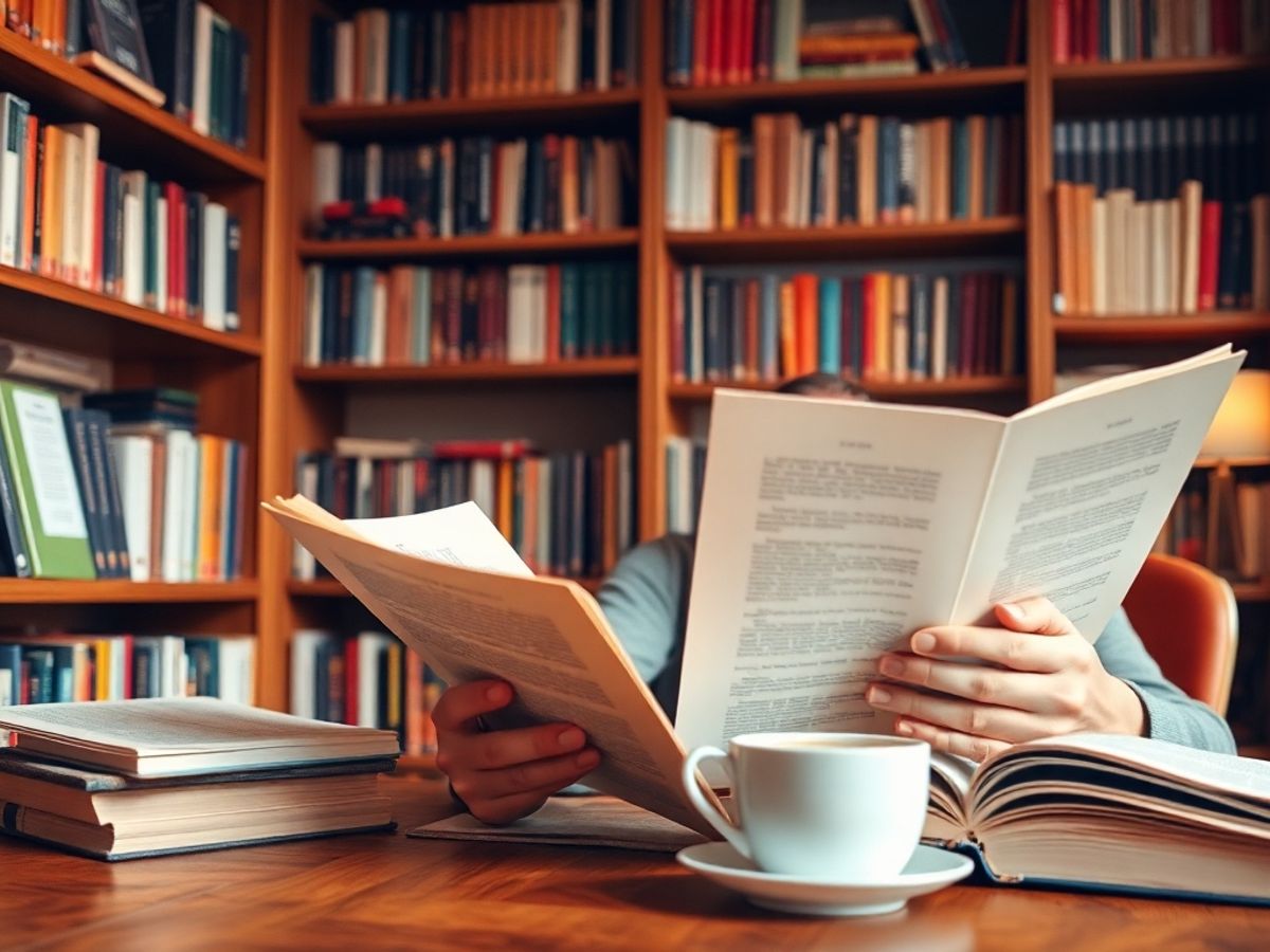 Person reading books in a cozy study environment.