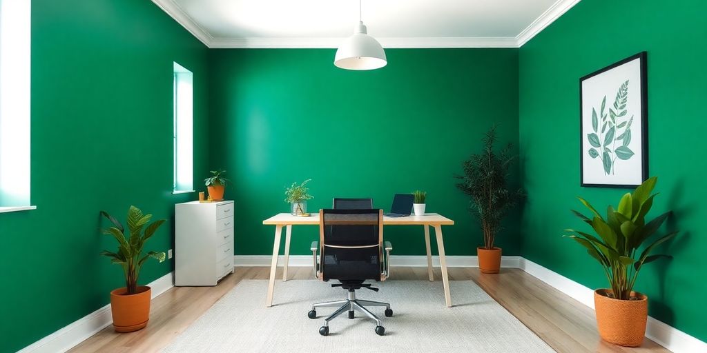 Modern office with forest green walls and plants.
