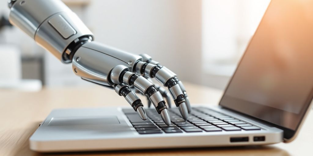 Robotic hand typing on a laptop keyboard