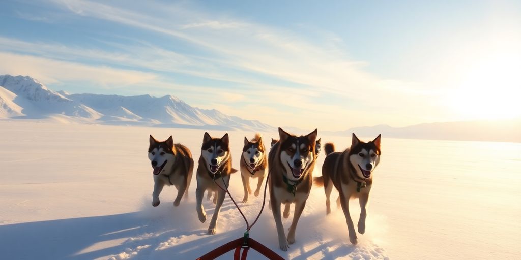 A team of happy husky dogs pulling a sled in Alaska.