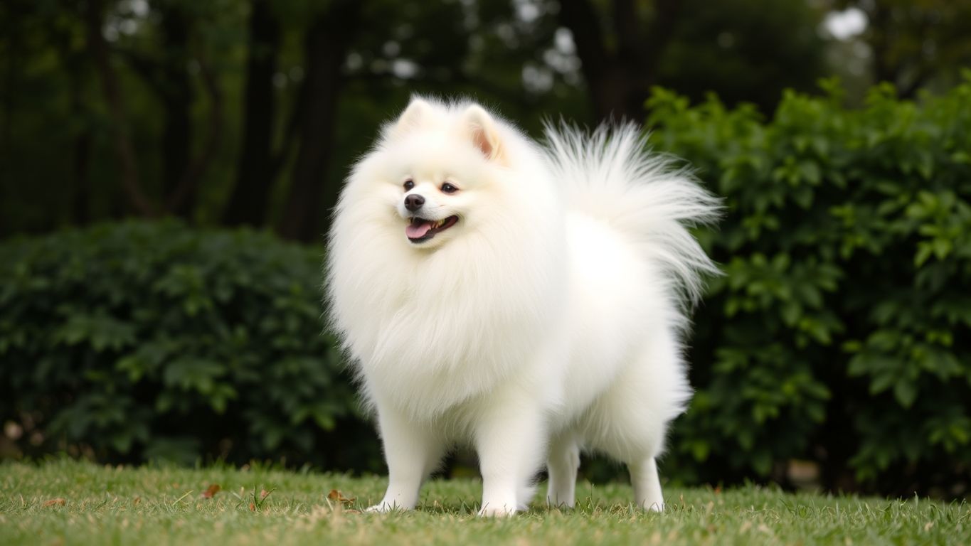 Fluffy Japan Spitz dog in a green park.